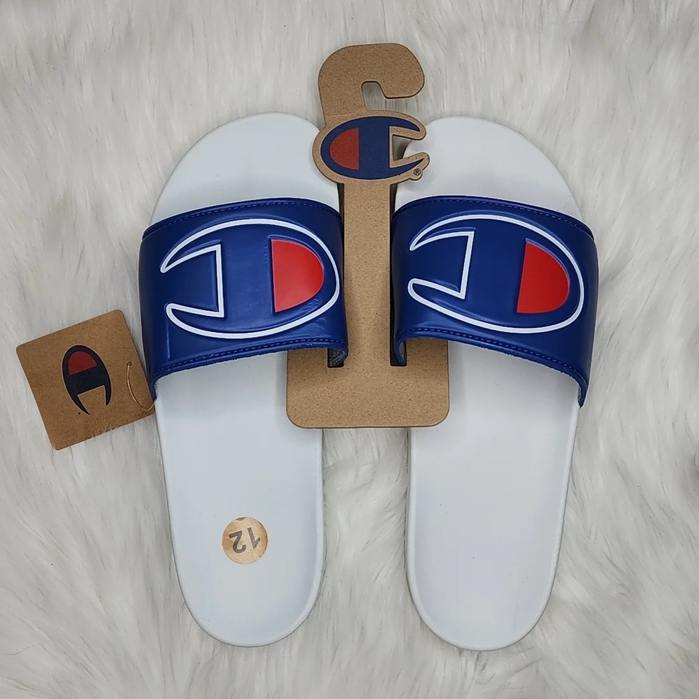 Champion IPO Royal White Slides Sandals Flip Flops